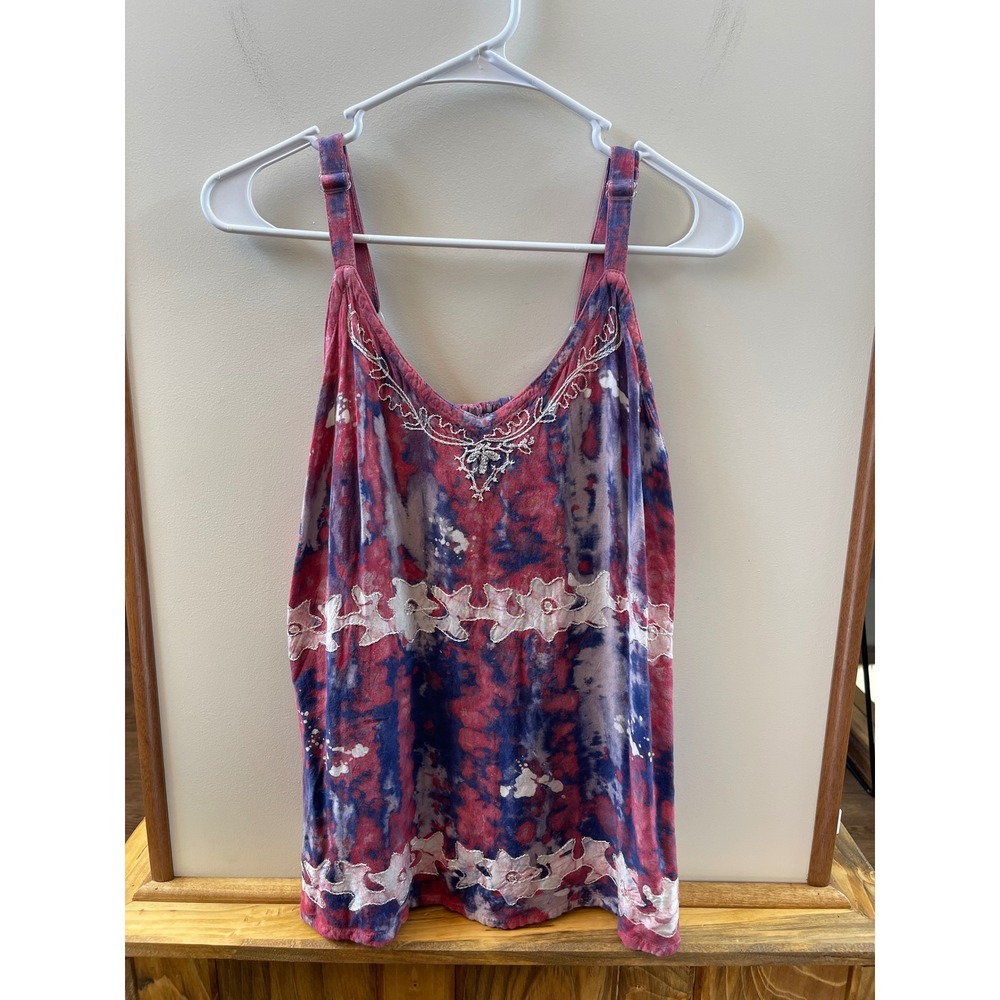 Tie Dye Cami Women Large Pink Purple  Boho Embroidered Beaded